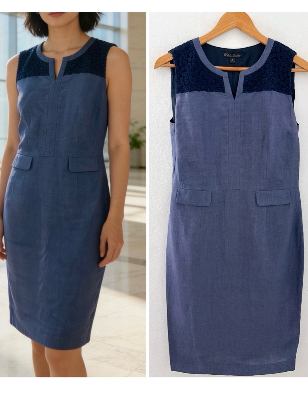 Brooks Brothers Linen Dress Blue Sleeveless Shift Embroidered Midi Preppy Career